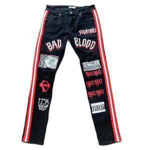 Sugarhill Malice Skinny Jeans Destroyed Black‎ Red Hip Hop Grunge Dark 32x32